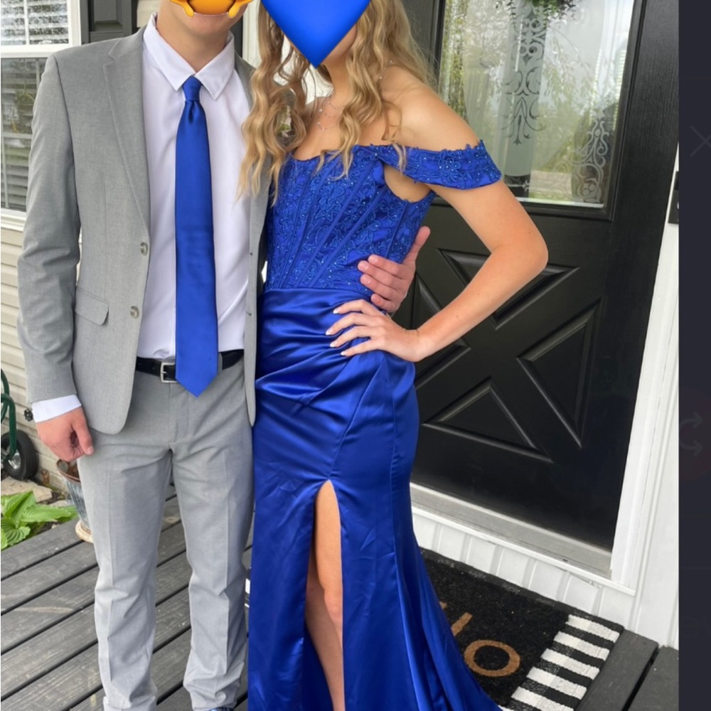 Royal Blue Satin & Lace Formal Gown – Beaded Corset Bodice – Floor Length